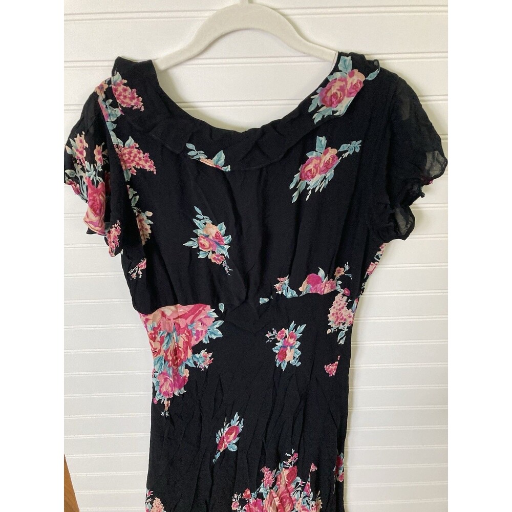 Vintage Lola P. Floral Beaded Maxi Dress XL Ruffle Bias Cut Black Romantic - Picture 9 of 13